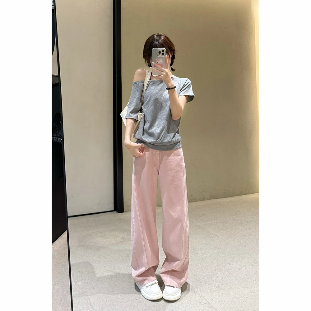 王家有鱼弯刀裤设计感新款小个子显瘦复古水洗牛仔阔腿裤68007