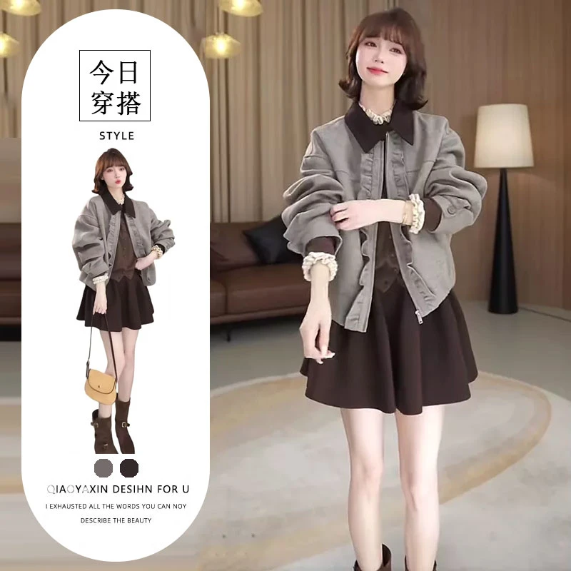 欧美设计感宽松外套花边针织毛衣高腰短裙女港味复古气质三件套潮