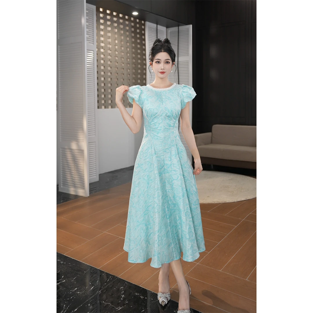 【lulu定制】高级气质轻奢名媛收腰显高大摆连衣裙45148