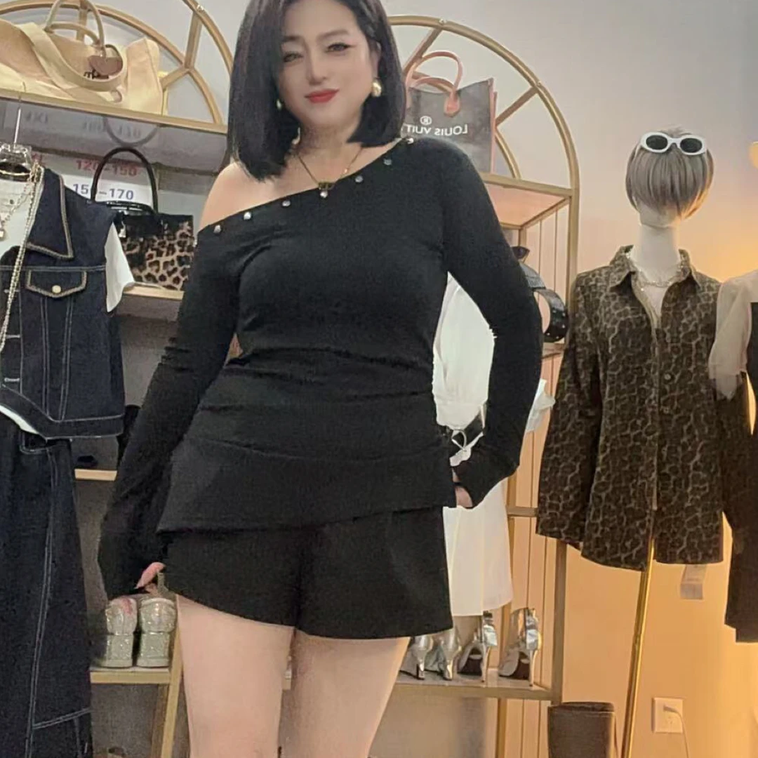 【月姐家】美式复古设计感甜辣不规则T恤女秋洋气长袖上衣