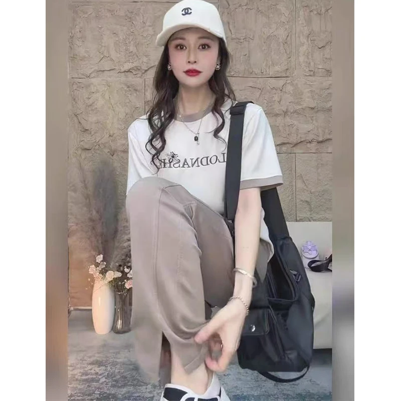 45%人棉 休闲运动套装女 时尚字母印花韩版T恤+阔腿裤两件套 676