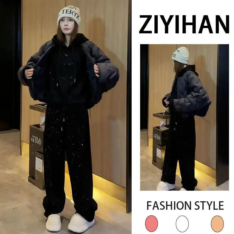 冬装时尚三件套个性炸街纯色棉服加绒卫衣加绒卫裤显瘦保暖三件套