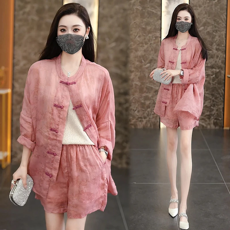 香朵儿2026时尚高级感套装女新中式盘扣长袖防晒衬衫短裤两件套