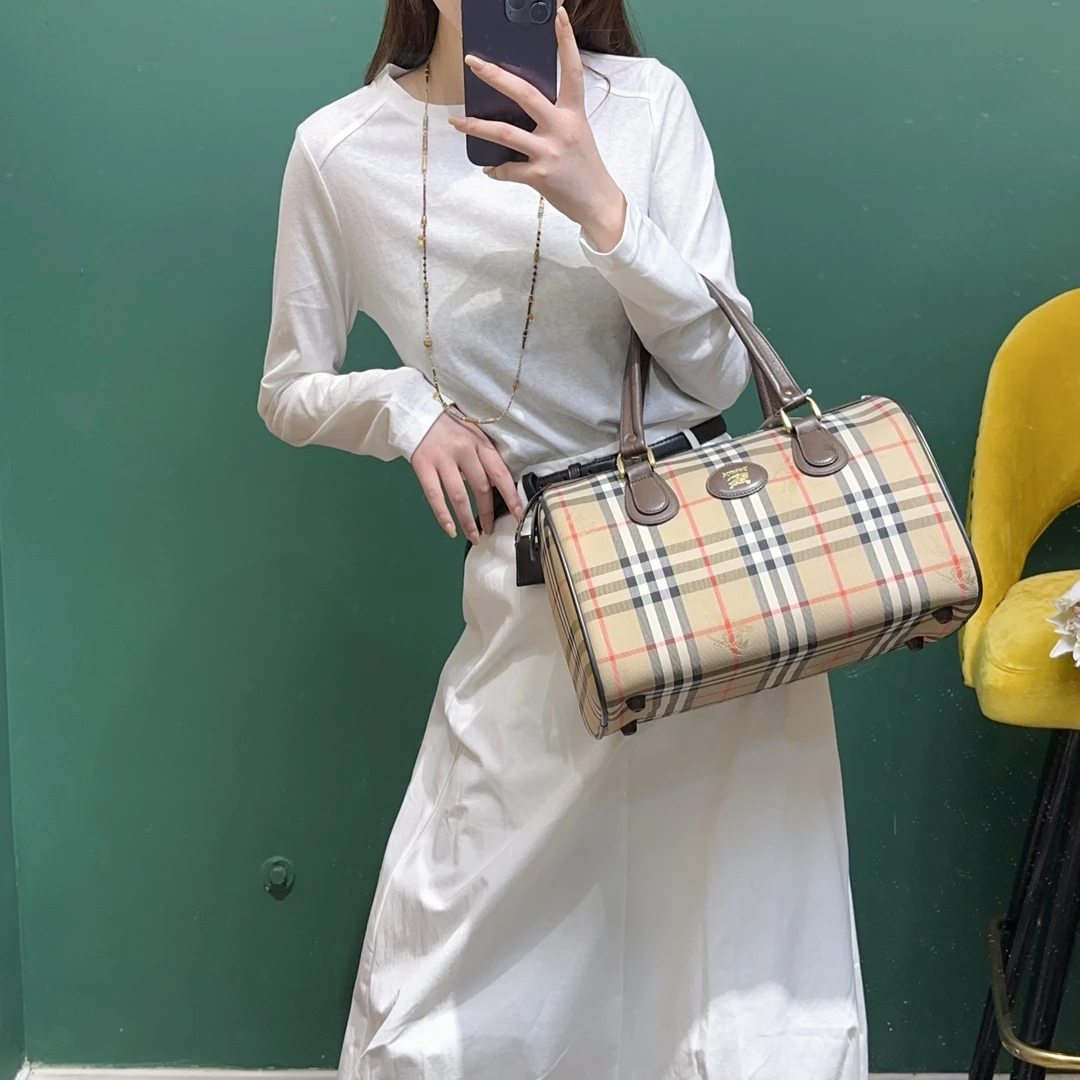 99新 BURBERRY/博柏利 战马格纹老花波士顿手提包 TH708