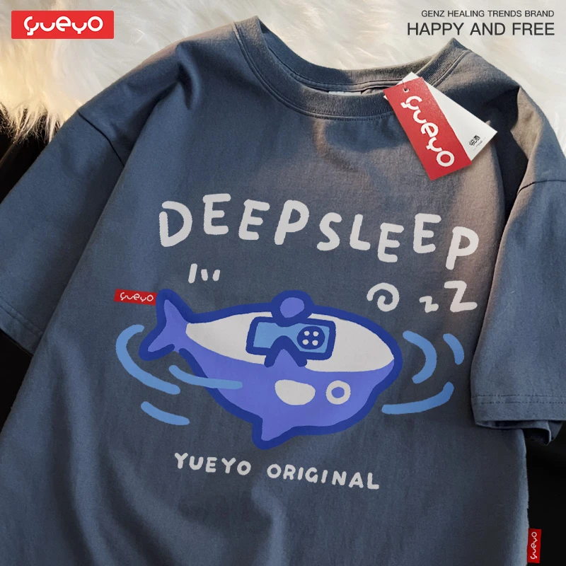 悦游 deep sleep 深睡鲨鱼虎鲸潮牌日系落肩T恤纯棉圆领宽松卡通