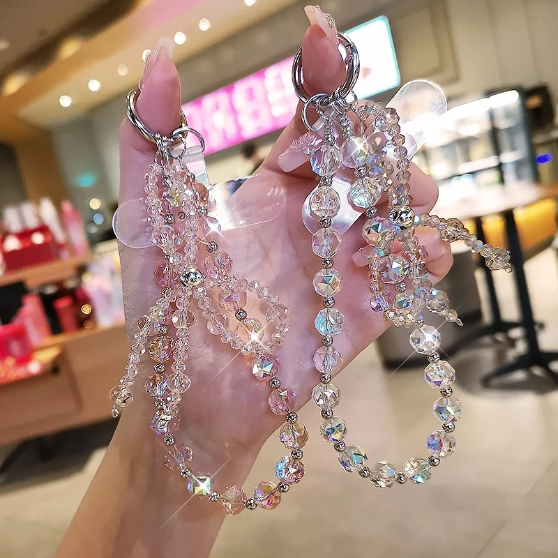 时尚高级感水晶手机链手工串珠手机挂绳个性蝴蝶结手腕手提链挂件