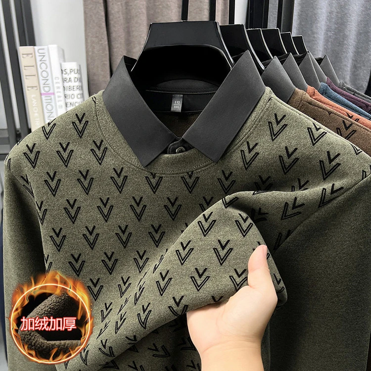 新款加绒加厚假两件保暖亲肤Polo衫冬季男士翻领商务长袖打底衫