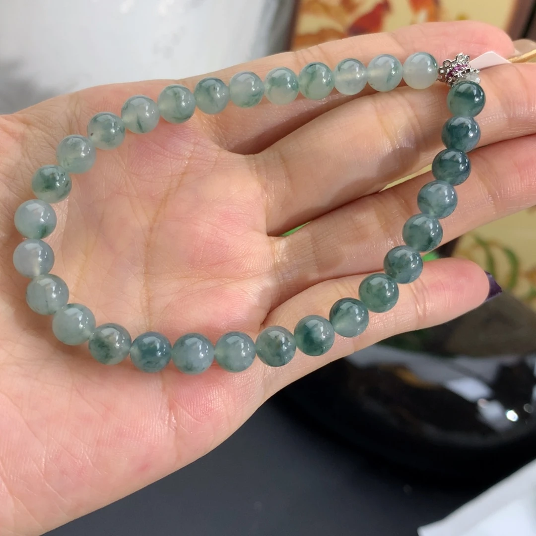 翡翠未镶嵌手串卡6.3胶润蓝飘花手串