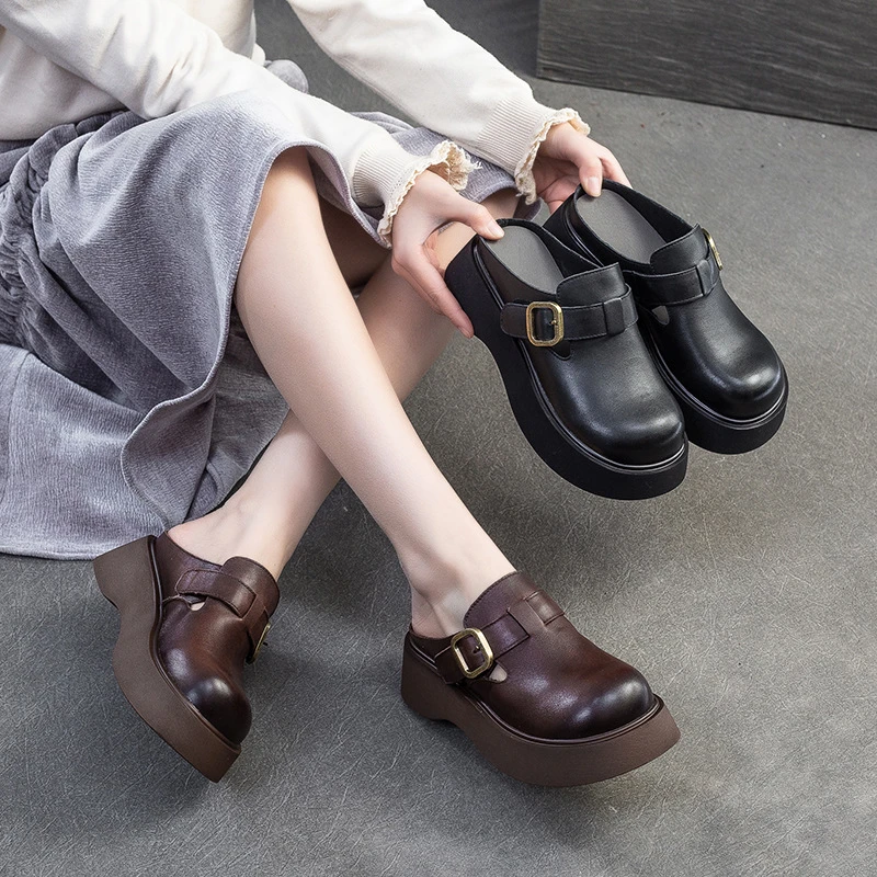 2025夏季新款厚底英伦风外穿包头拖鞋小个子增高圆头软底休闲女鞋