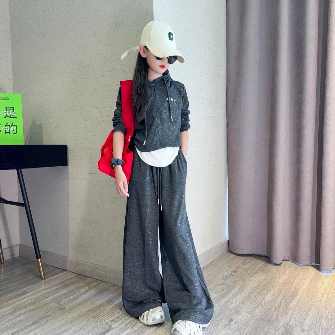 女童套装儿童长袖裤子春秋季2025新款大童灰色洋气时髦女孩衣服潮