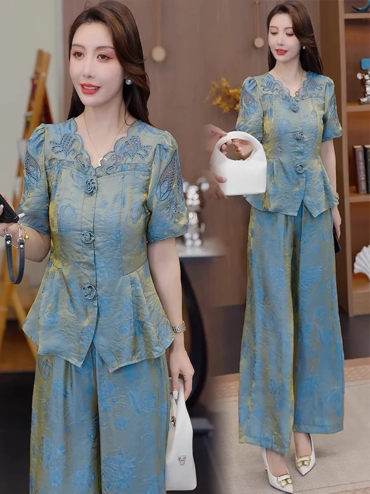 时尚套装女2025夏季新款洋气显瘦新中式国风短袖上衣阔腿裤两件套
