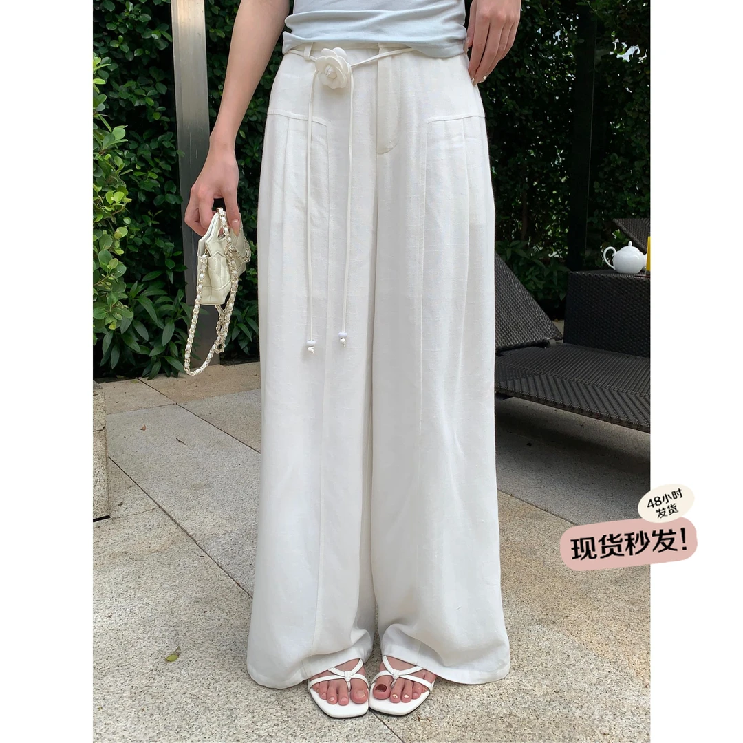 万万不熬夜【腿型救星】白色直筒休闲裤花朵腰带高腰长裤宽松的裤子