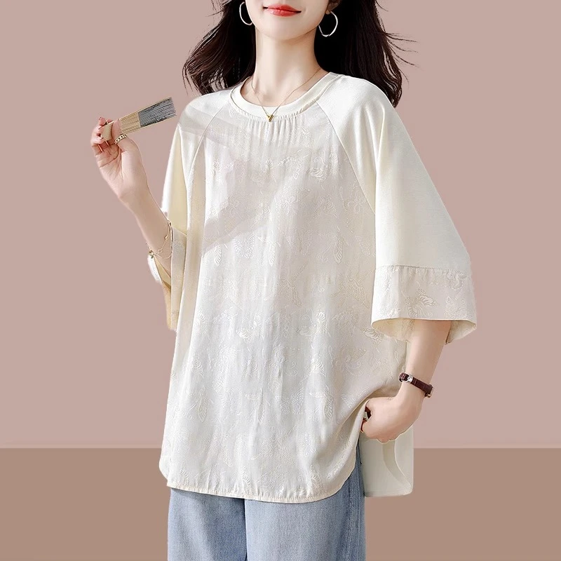 七分袖短袖T恤衫女夏季2025新款欧货爆款轻奢高级感宽松大码上衣