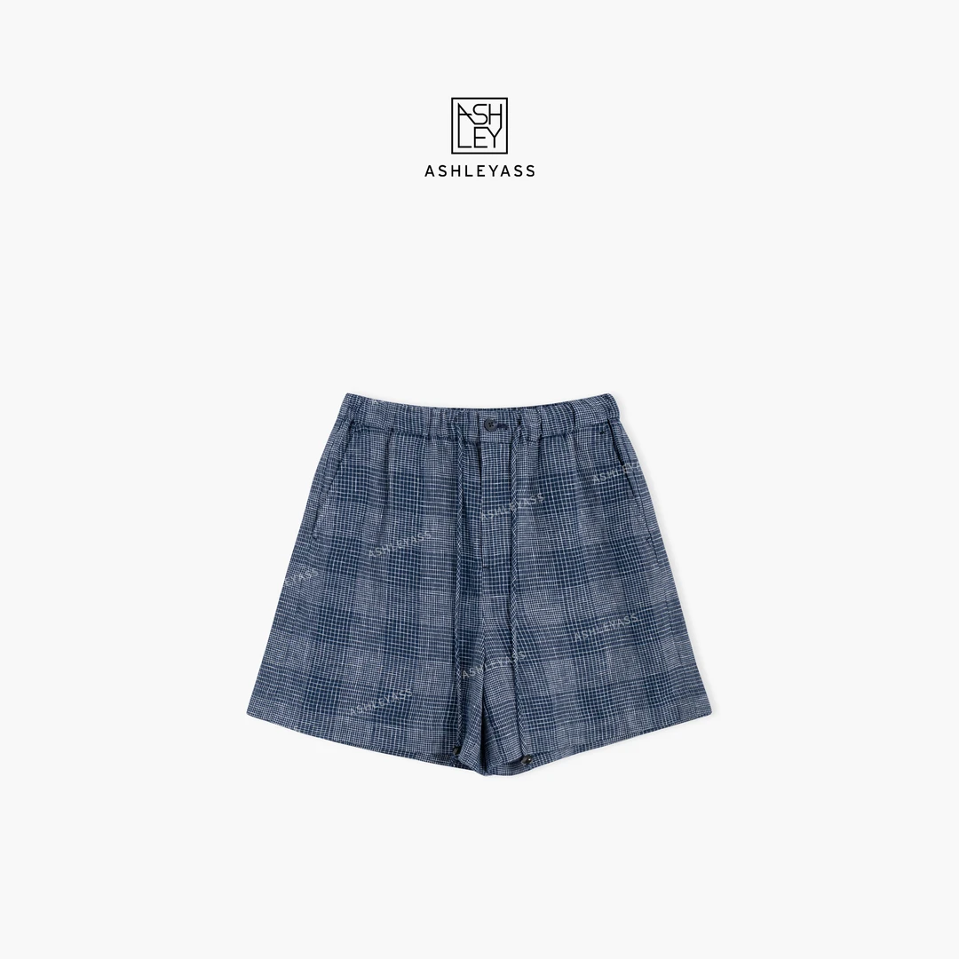 ashleyass“降温冰蓝格短裤”复古腔调抽绳亚麻短裤LSK250724R