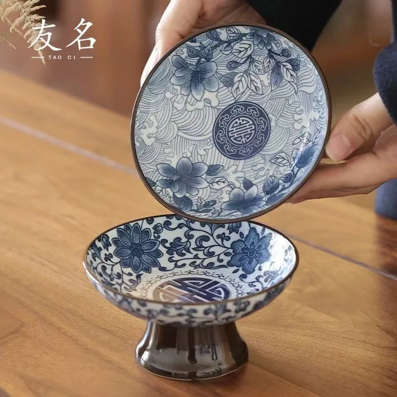 秋香茶具   青花陶瓷高足果盘（百福+盘花）两个装-702-2400