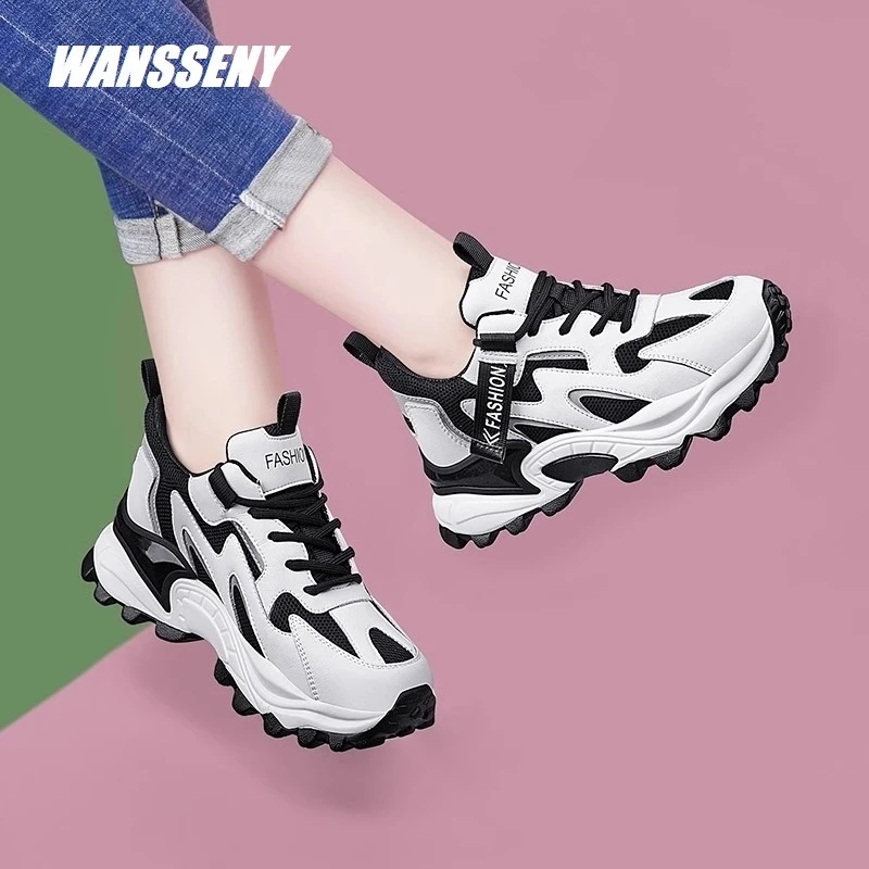 WANSSENY2025年秋冬真皮老爹鞋新款百搭加绒厚底运动休闲旅游鞋女