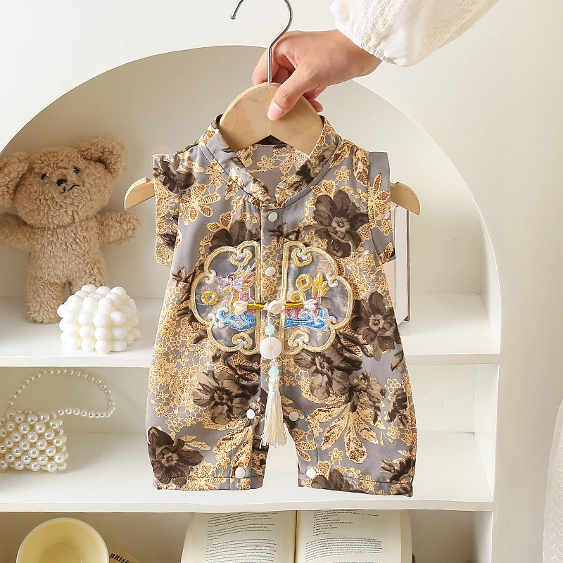ZY婴儿夏装连体衣新中式国风绣花龙金色男女宝宝哈衣+玉佩ZPX5228