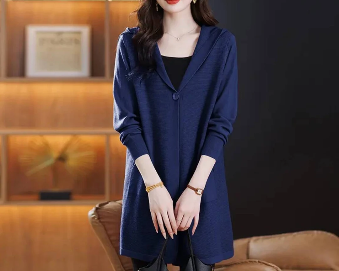 252【秋冬】 藏青色毛衣开衫2025新款大码秋装中长款洋气连帽开衫