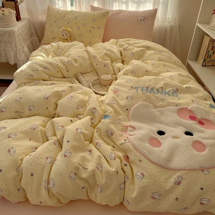 Warm【奶黄猫咪】亲肤舒适卡通贴布绣套件四件套可爱简约格子少女心