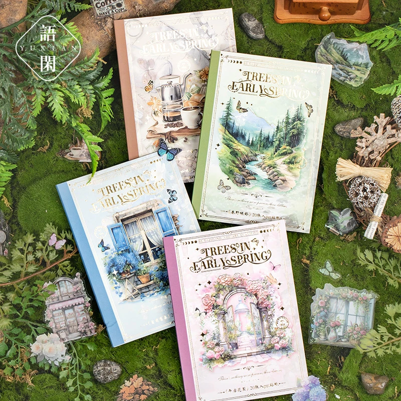 语闲复古素材pet双透贴纸本 早春的树文艺风造景手帐装饰打底拼贴