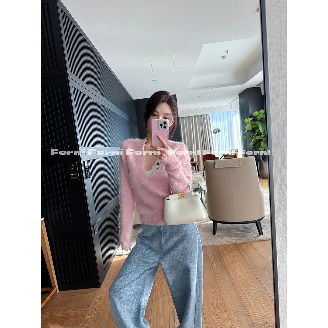 FORNI 草莓栗子蛋糕 U领镶钻针织毛衣休闲时髦小众洋气上衣