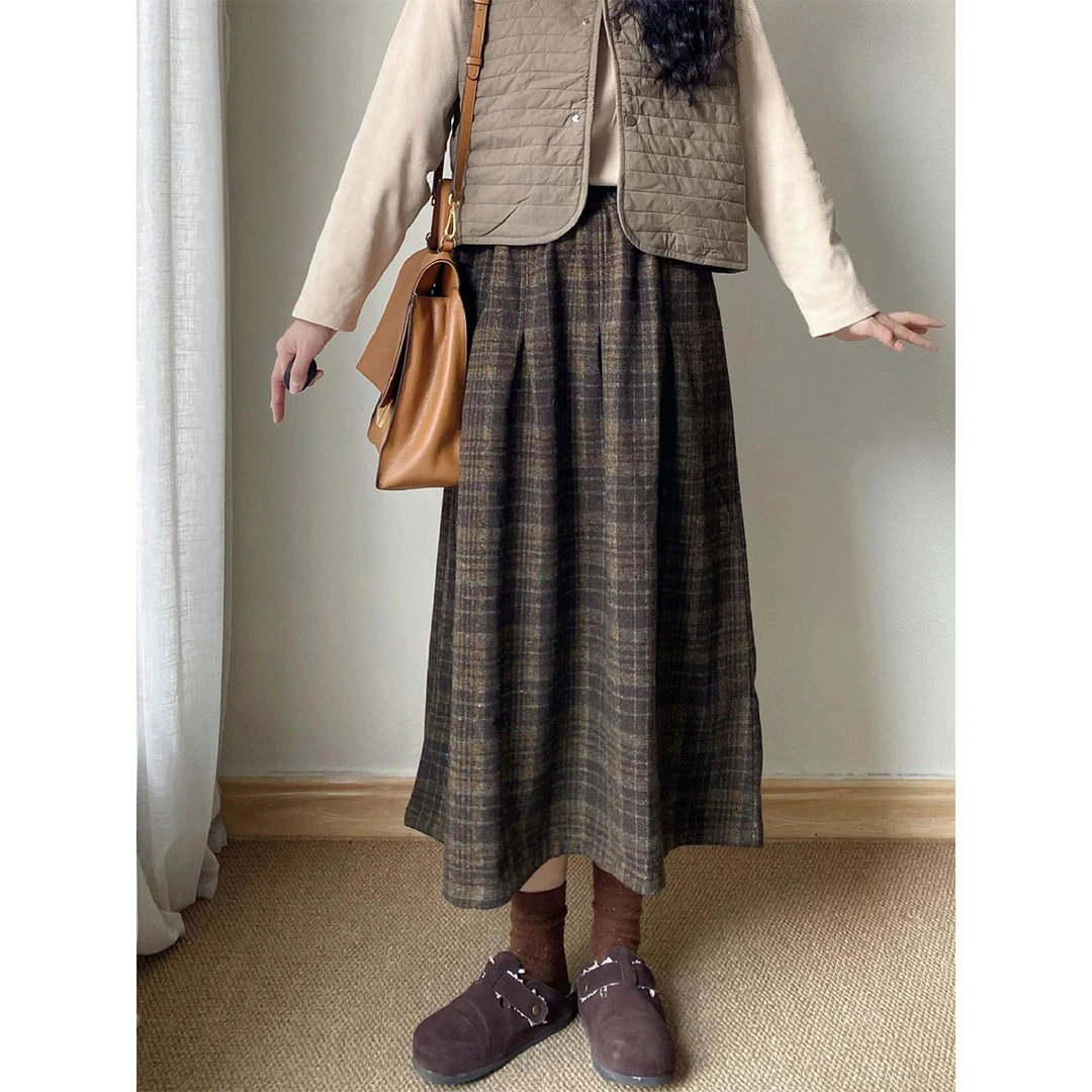 大码复古格纹毛呢遮肉显瘦半身裙女冬季款梨形身材高腰百搭百褶裙