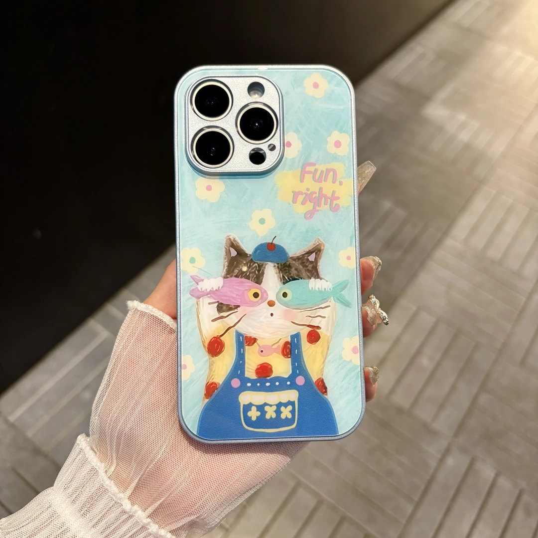 苹果/华为/oppo/vivo/小米 卡通猫咪适用iPhone16肤感玻璃手机壳