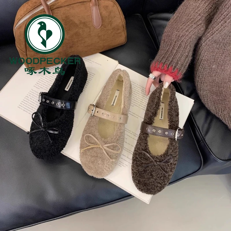 啄木鸟加绒内增高单鞋女玛丽珍女新款秋冬保暖蝴蝶结平底鞋毛毛鞋
