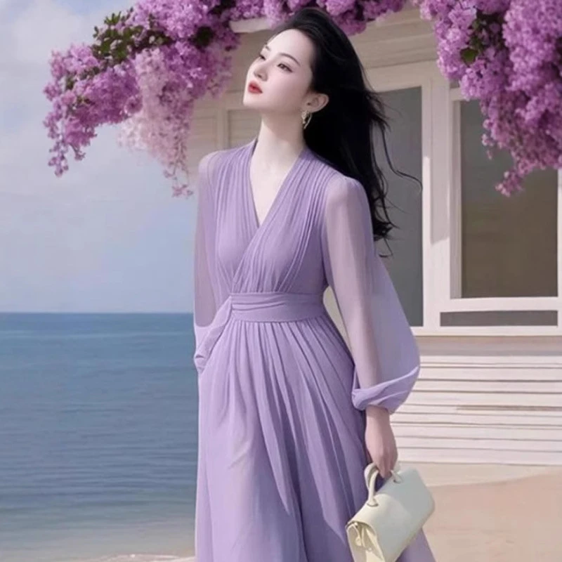 春夏季法式绝美背心一体长裙吊带风衣海边度假紫色收腰过膝连衣裙