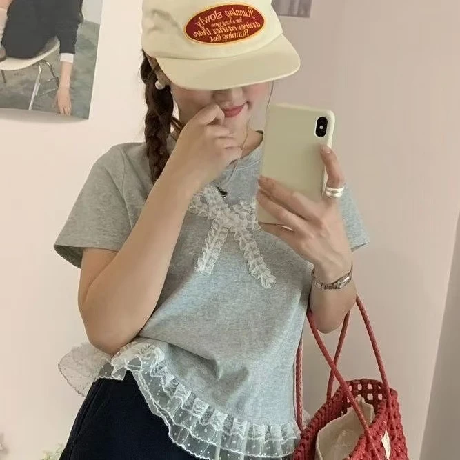 下摆蕾丝2025拼接短袖新款夏季T恤甜美修身圆领蝴蝶结上衣