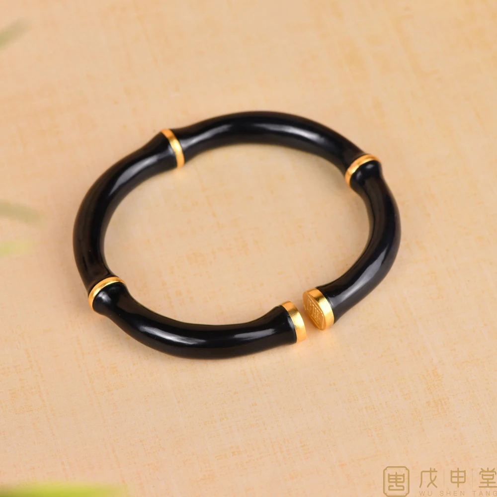 戊申堂鎏金马蹄镯墨玉和田玉手镯 国风珠宝