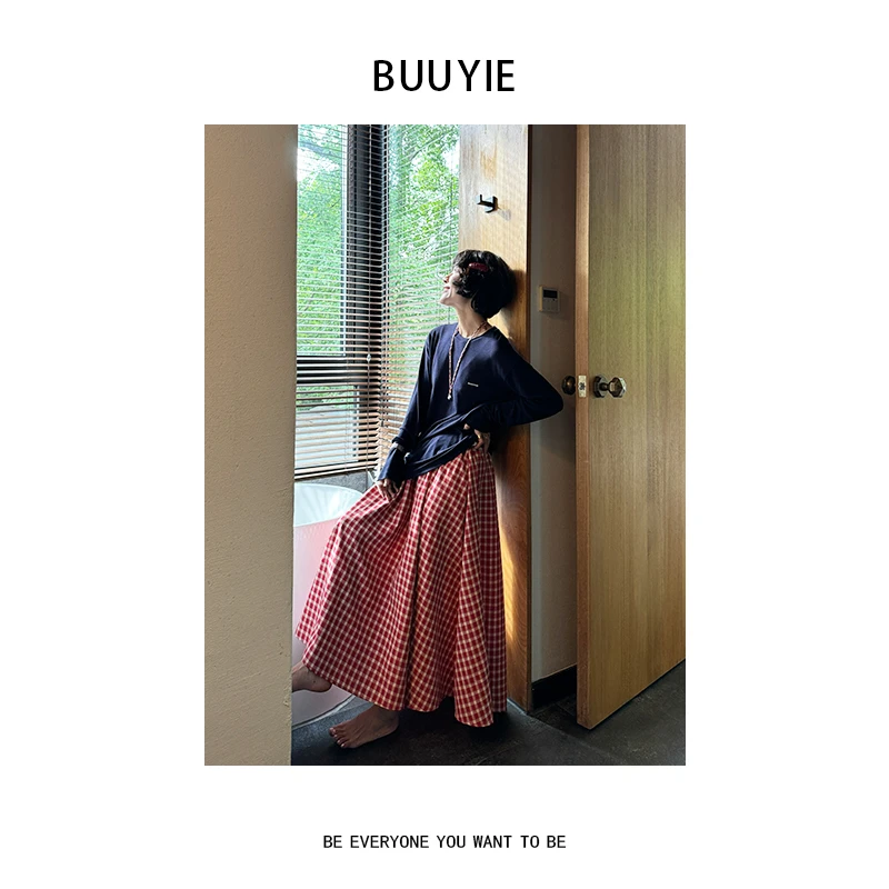 BUUYIE 25SS【鸦青】新款洋气高级简约设计藏青长袖T恤 250572