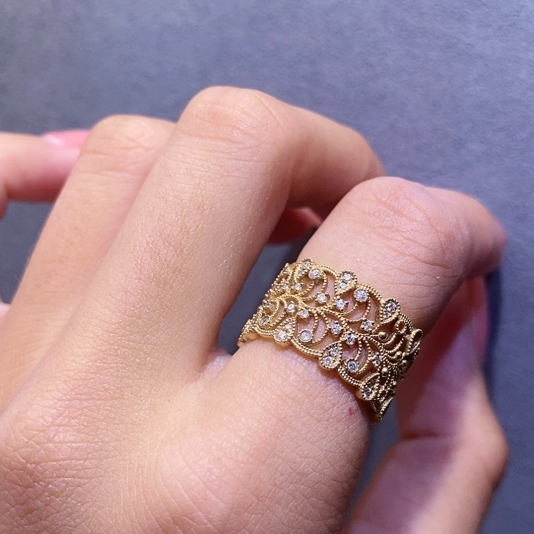 戒指/指环18K金镶嵌钻石蕾丝藤蔓戒指k黄14