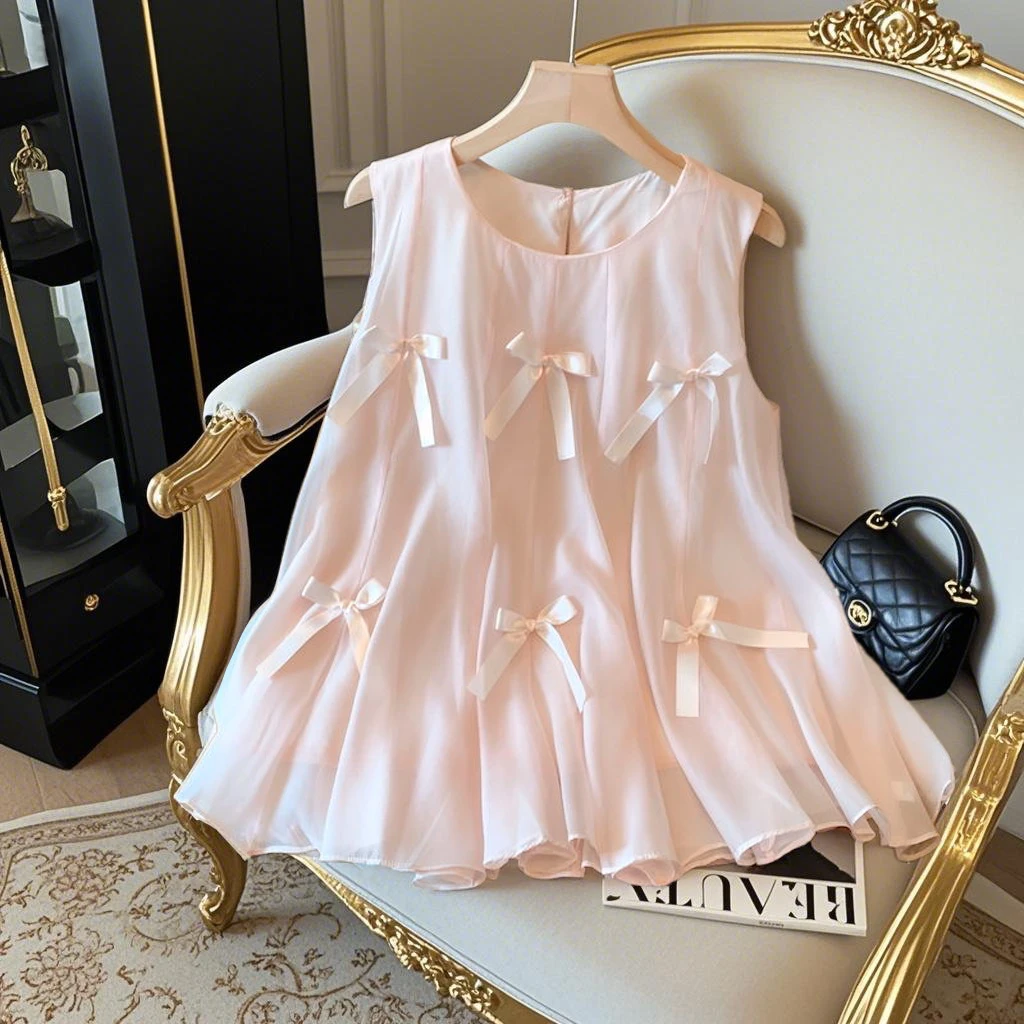 拉夏贝尔实拍夏季网纱拼接蝴蝶结女2025背心甜美可爱减龄无袖上衣