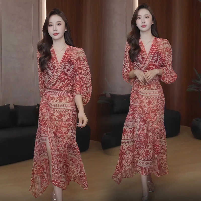 高级感复古套装女2025年夏季新款减龄渲染印花衬衫半身裙两件套潮