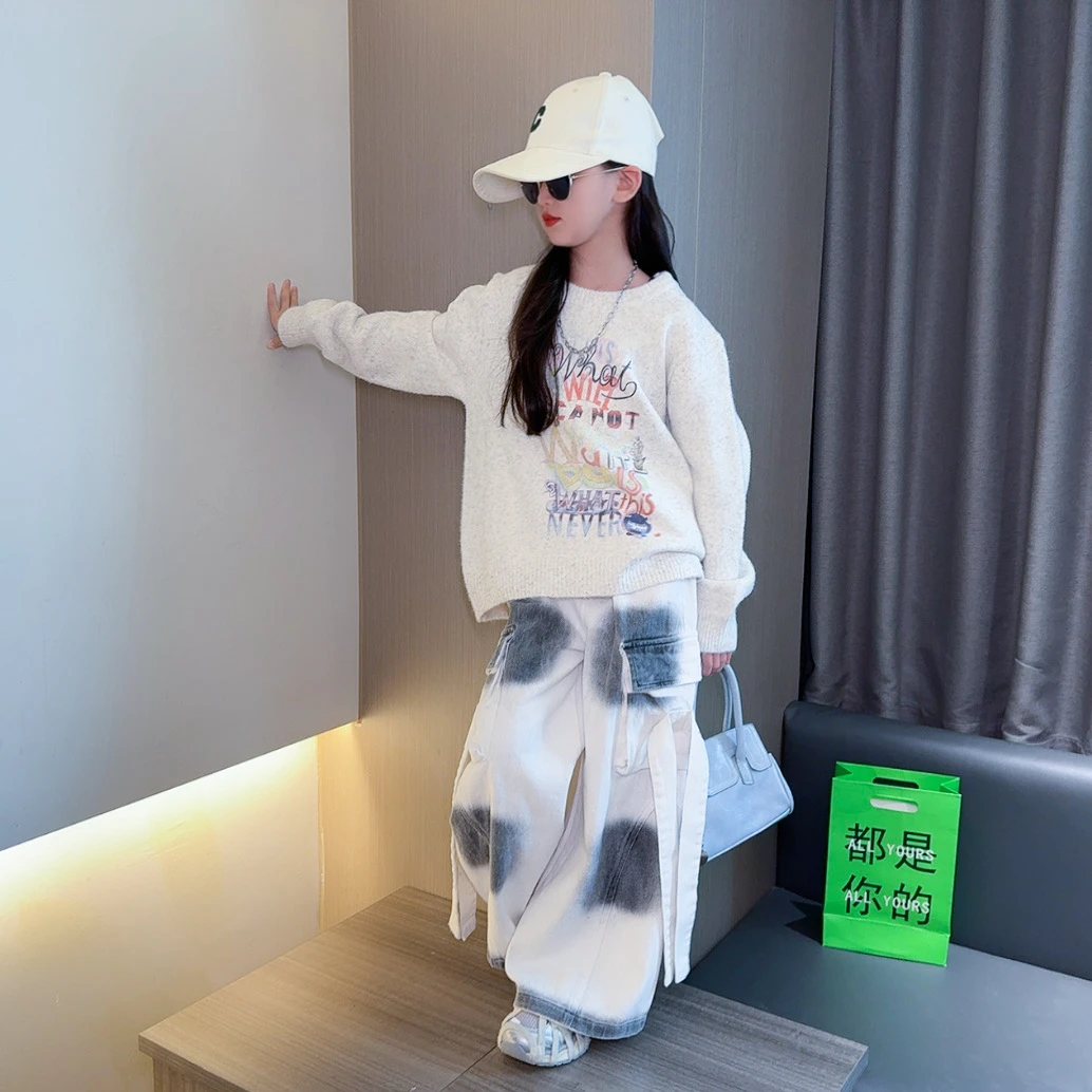 女童秋装套装2025新款儿童洋气毛衣大童女孩春秋季工装长裤两件套