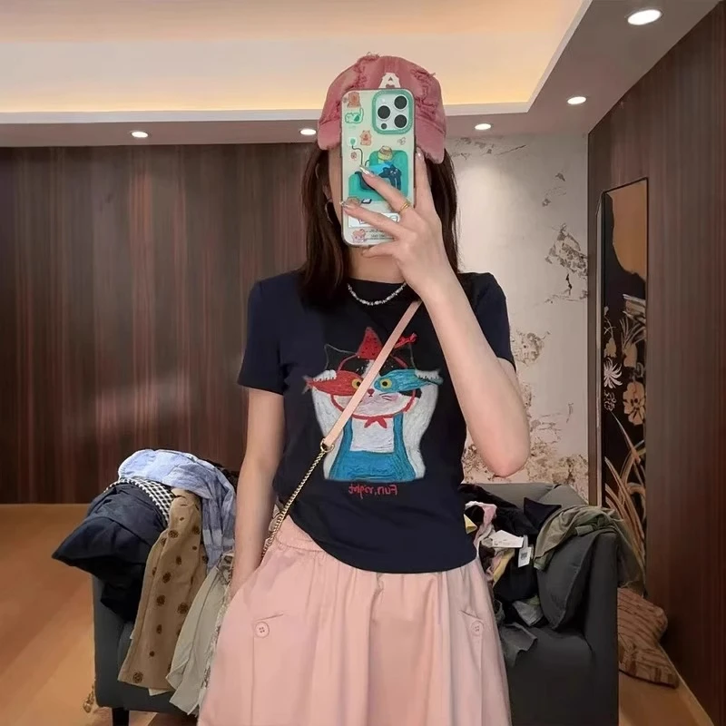 小鱼眼镜猫卡通印花短袖T恤女2025新款韩系夏季修身显瘦百搭上衣