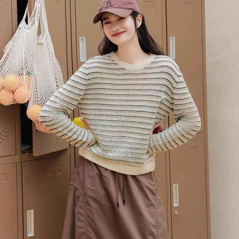 套头撞色商务通勤条纹圆领针织衫网红女装春毛针织衫宽松镂空