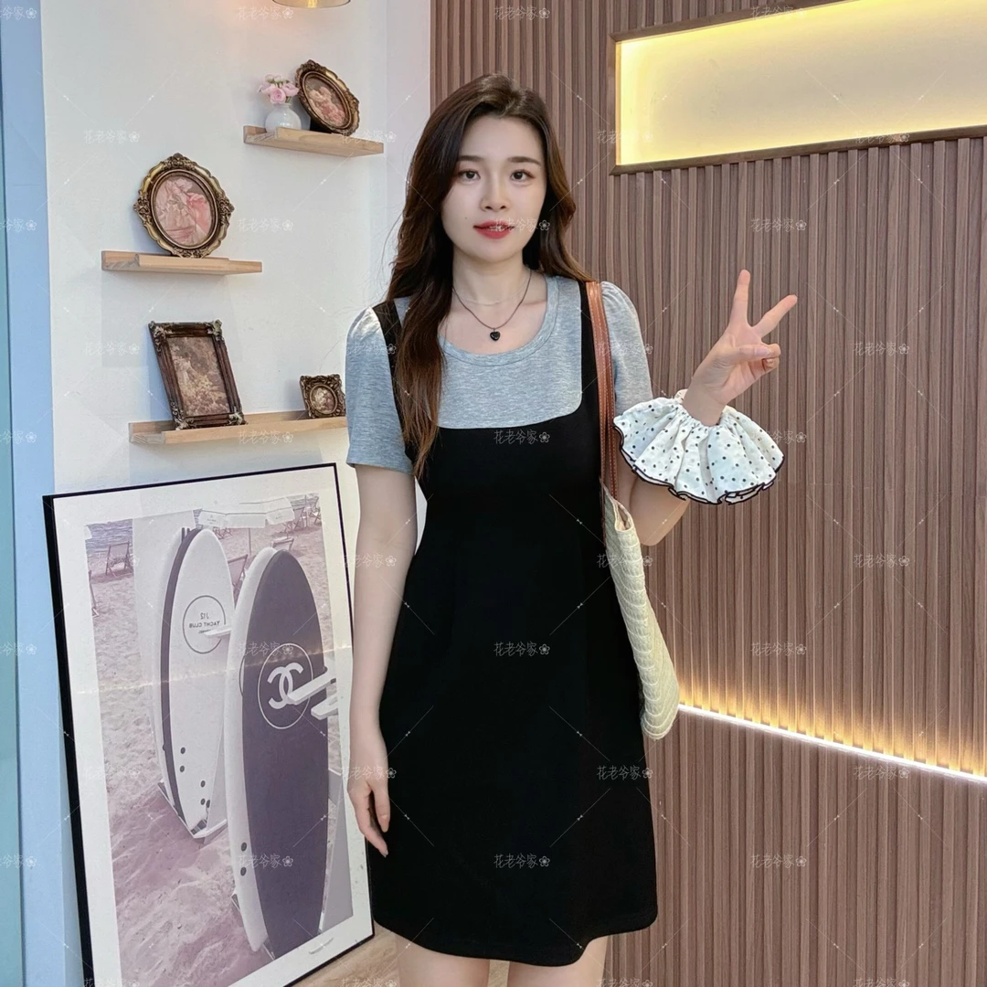 【连衣裙】花老爷夏季新款简约拼接套头连衣裙HLY3391