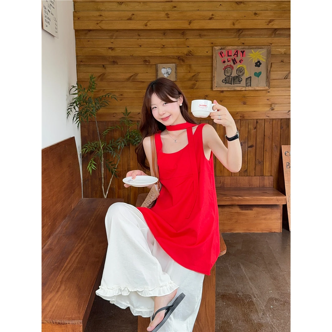 2025夏季新款韩系设计感飘带背心吊带木耳边阔腿休闲裤时尚套装女