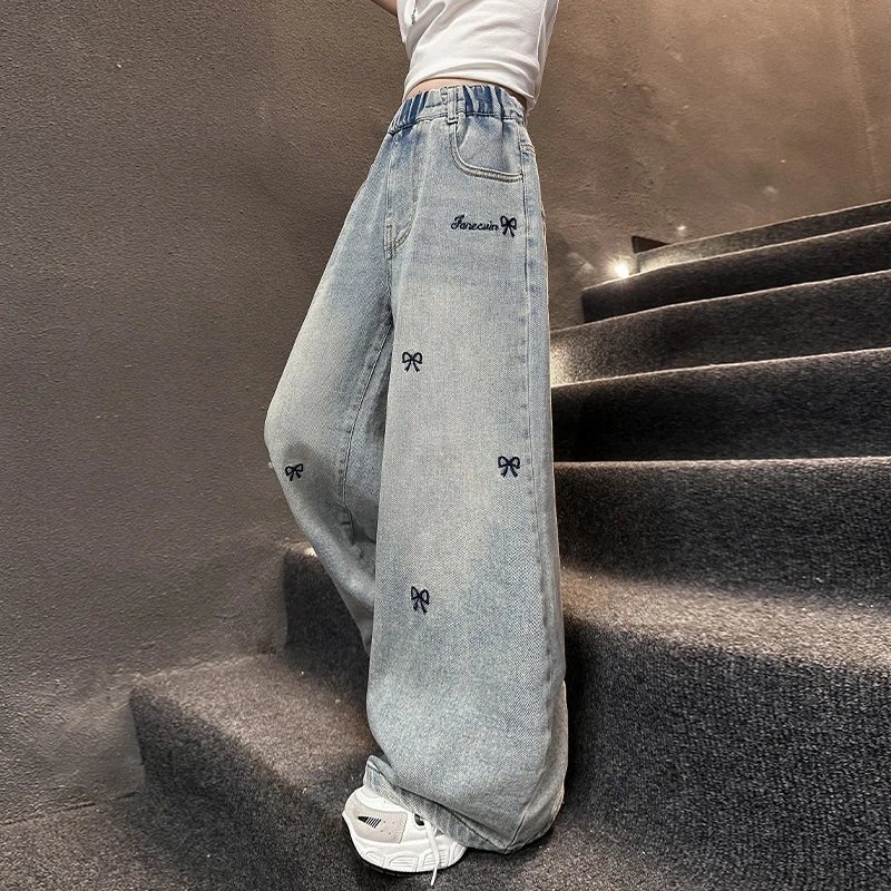 女童直筒牛仔裤春秋2025新款儿童阔腿裤春季女大童初中生女孩裤子