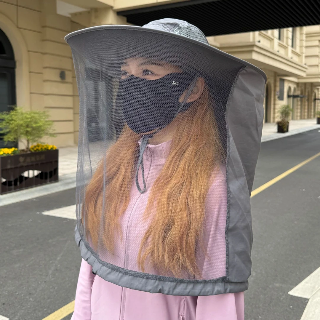 防蜂防蚊披肩帽 防紫外线网眼帽透气遮脸帽男女钓鱼登山露营帽