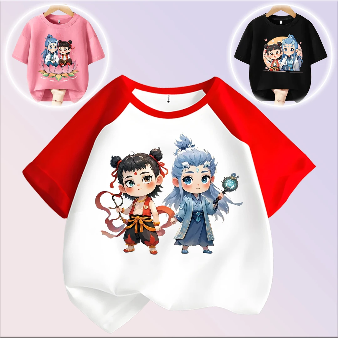 哪吒敖丙灵珠魔珠 趣味文字t恤喜居麦圆领纯棉短袖儿童出游夏季