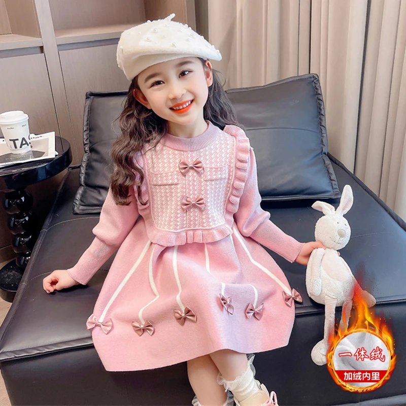 女童洋气秋冬季加绒针织毛衣连衣裙公主女宝宝加厚泡泡袖裙子冬装