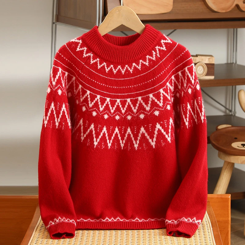 新年红儿童100%纯羊毛衫复古男童女童半高领提花毛衣套头针织衫