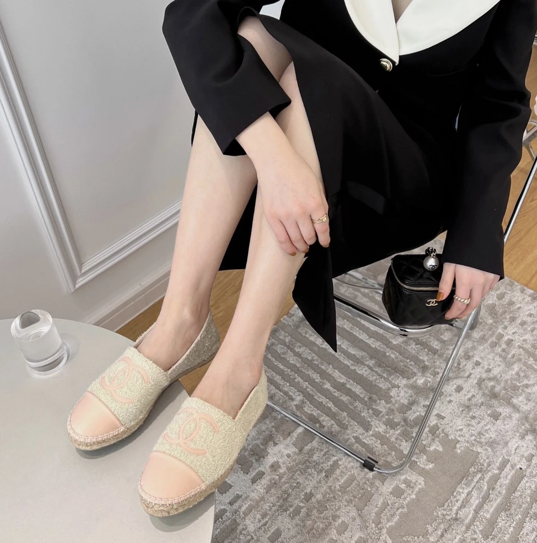 99新 Chanel/香奈儿 zz502  米色粗花呢渔夫鞋 38码