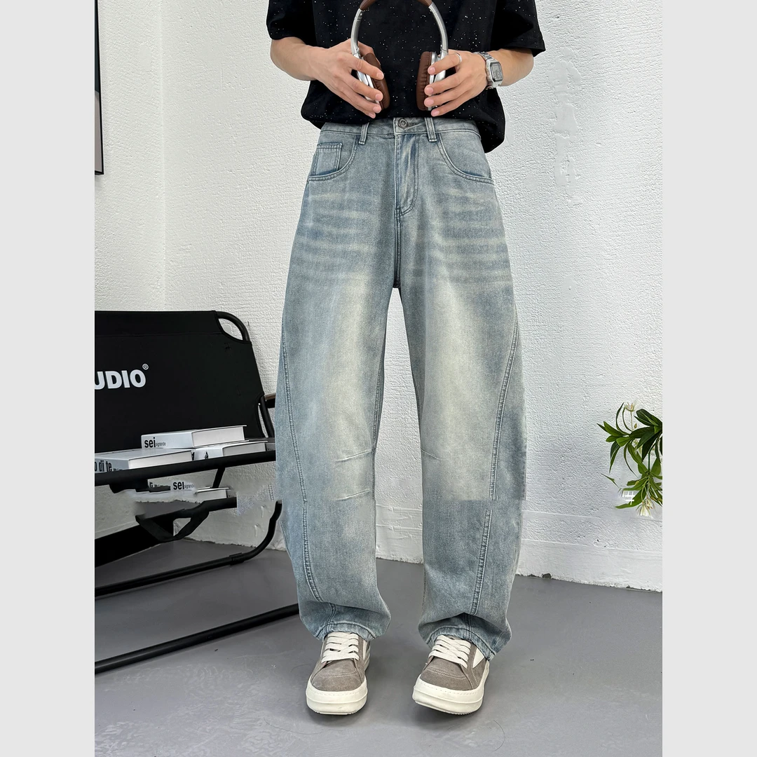 遥发服装【结构拼接弯刀浅色牛仔裤】夏季情侣牛仔休闲长裤92501