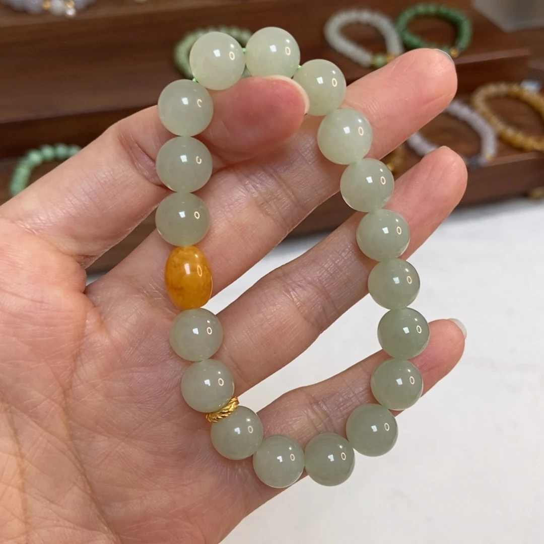 和田玉银S925镶嵌手链10mm浅晴