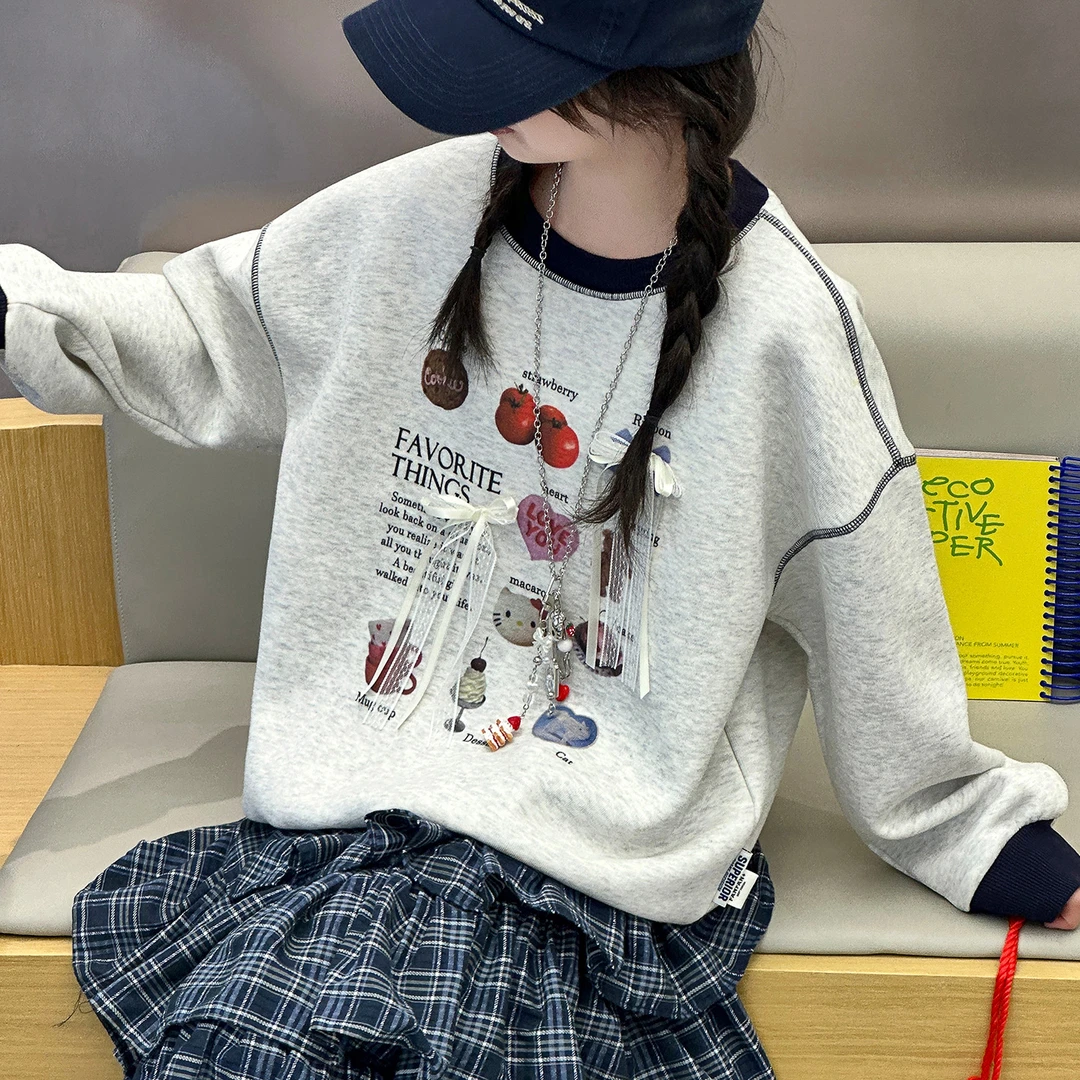 女童秋装卫衣2025宽松洋气针织卫衣秋款新款蝴蝶结卫衣加绒09-1