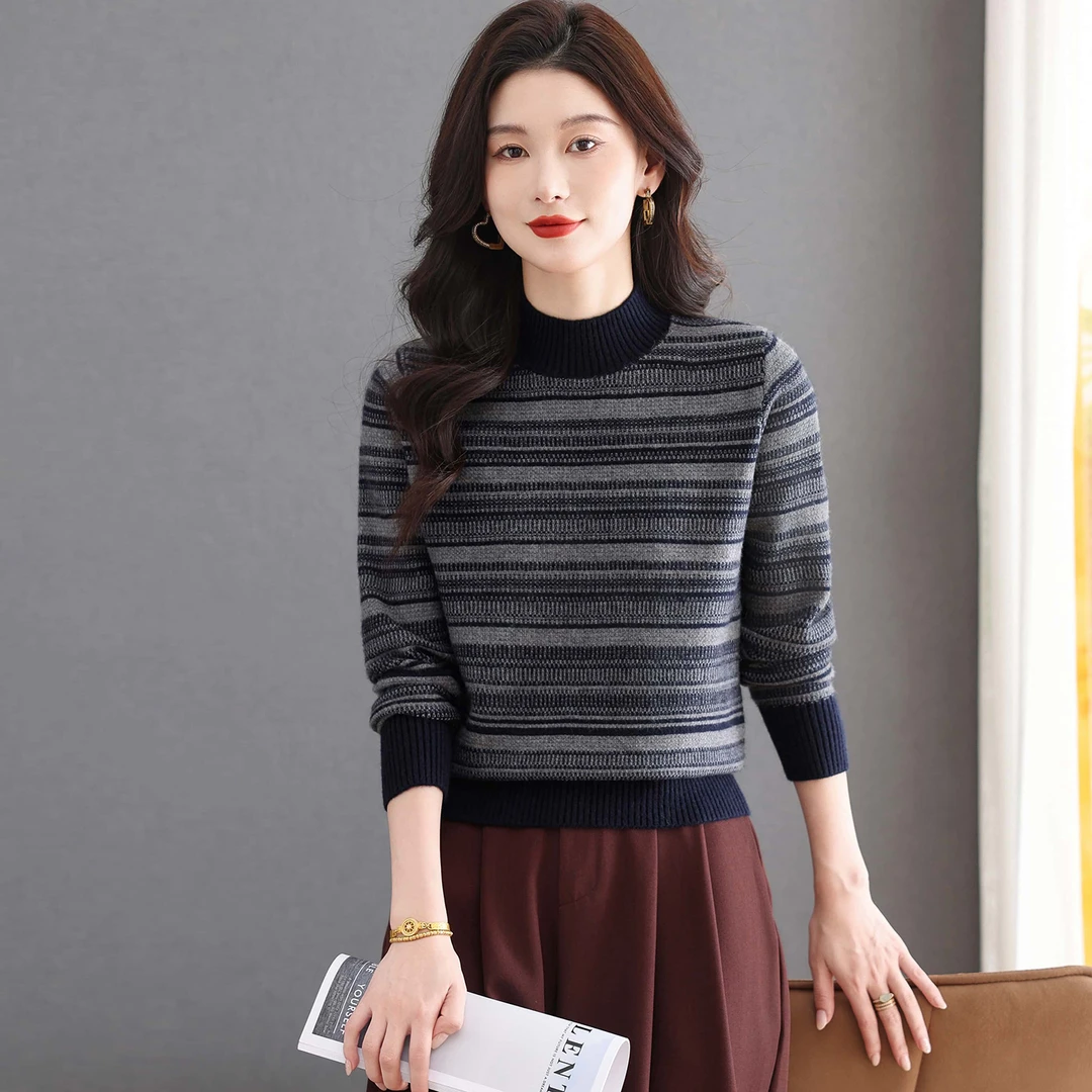 秋冬季圆领针织打底衫女士2025新款洋气条纹拼色显瘦内搭毛衣上衣